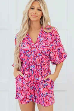 Fashion Dear-Lover Abstract Print Puff Sleeve V Neck High Waist Romper Pink