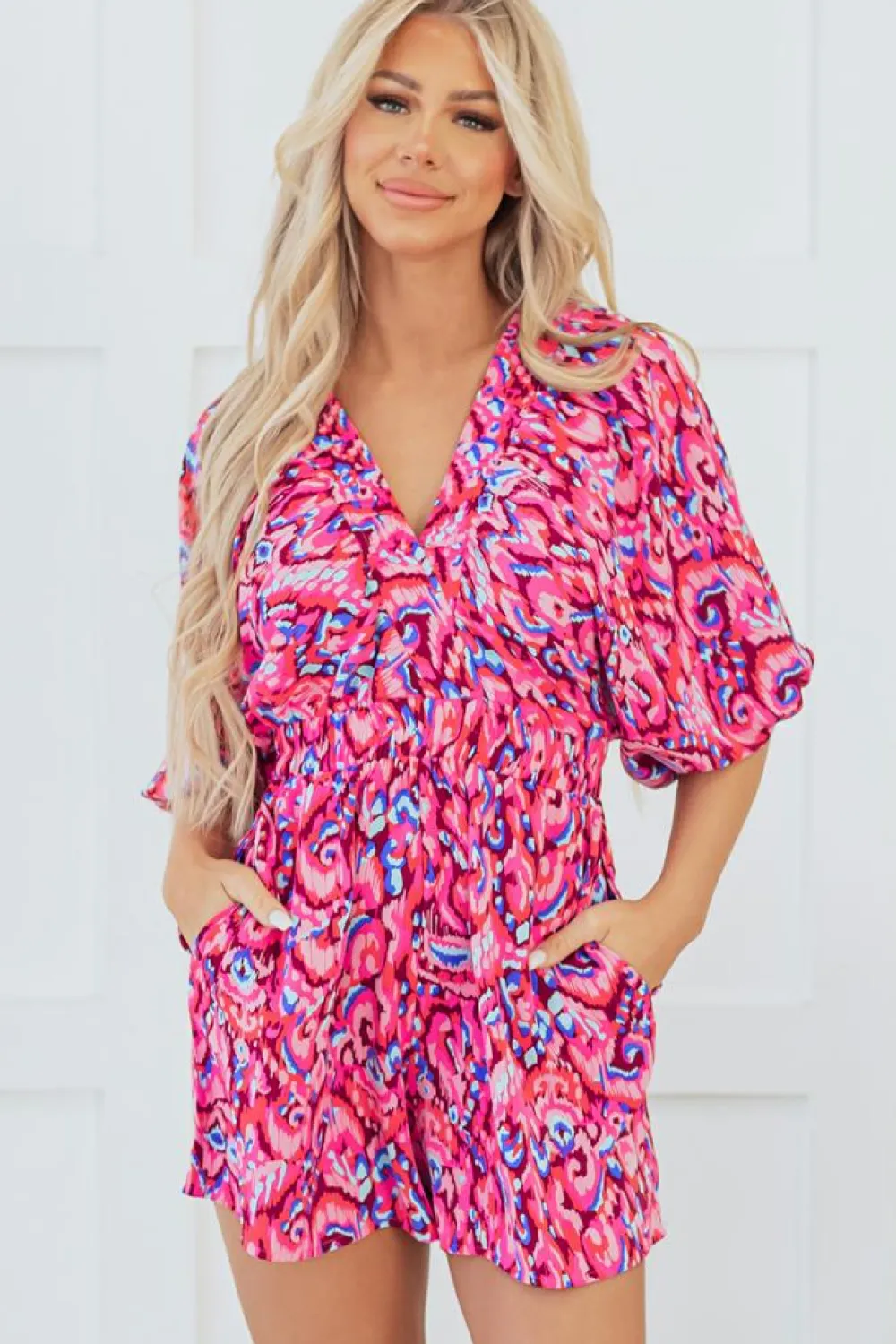 Fashion Dear-Lover Abstract Print Puff Sleeve V Neck High Waist Romper Pink