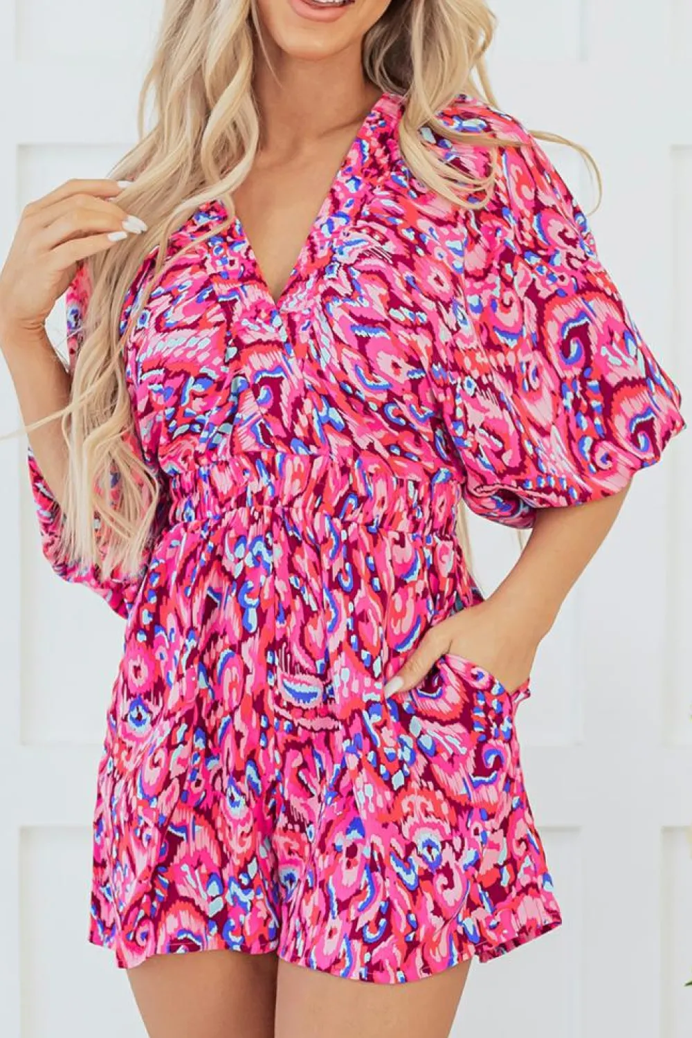 Fashion Dear-Lover Abstract Print Puff Sleeve V Neck High Waist Romper Pink