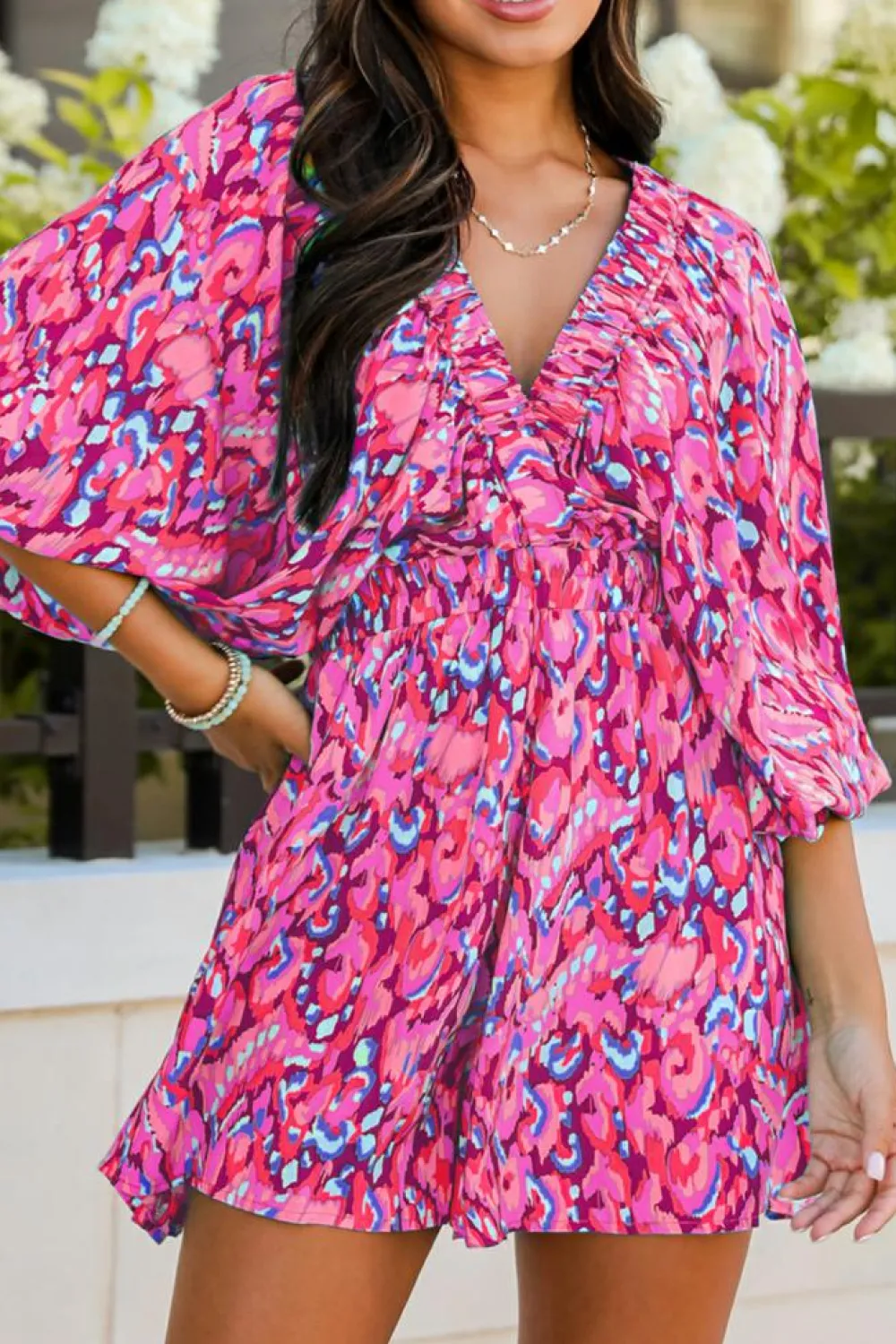 Fashion Dear-Lover Abstract Print Puff Sleeve V Neck High Waist Romper Pink