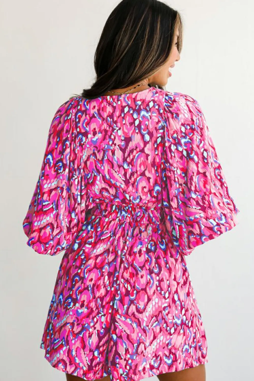 Fashion Dear-Lover Abstract Print Puff Sleeve V Neck High Waist Romper Pink