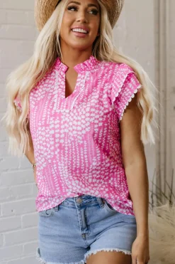 Discount Dear-Lover Abstract Print Ric Rac Trim Flutter Sleeve Notch V Neck Blouse Pink