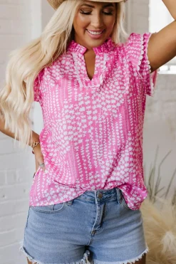 Discount Dear-Lover Abstract Print Ric Rac Trim Flutter Sleeve Notch V Neck Blouse Pink