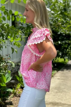 Discount Dear-Lover Abstract Print Ric Rac Trim Flutter Sleeve Notch V Neck Blouse Pink