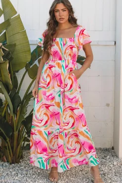 Online Dear-Lover Abstract Print Ruffled Sleeve Smocked Bust Maxi Dress Pink
