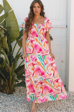 Online Dear-Lover Abstract Print Ruffled Sleeve Smocked Bust Maxi Dress Pink