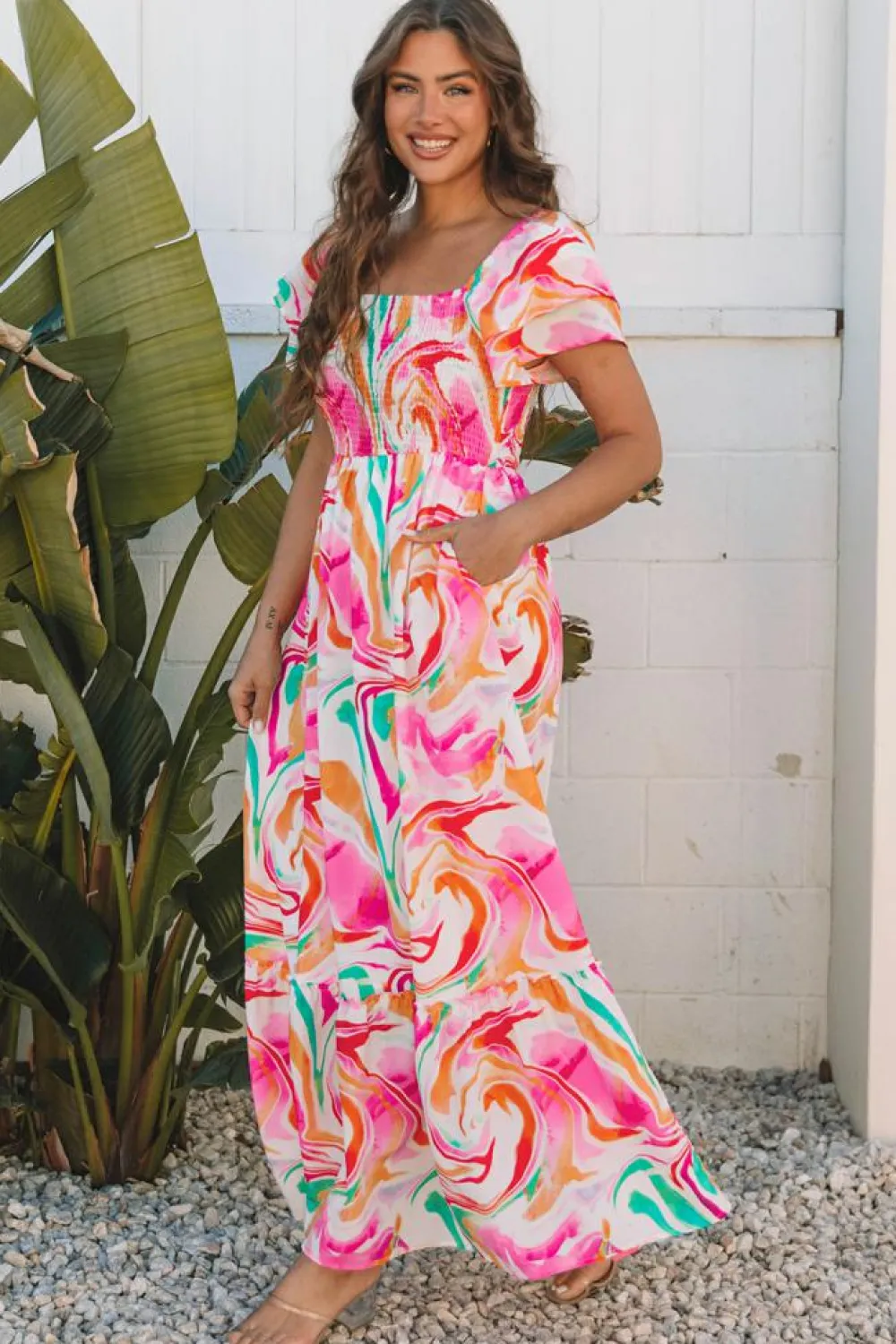 Online Dear-Lover Abstract Print Ruffled Sleeve Smocked Bust Maxi Dress Pink