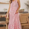 Online Dear-Lover Abstract Print Split Neck Sleeveless Maxi Dress Pink