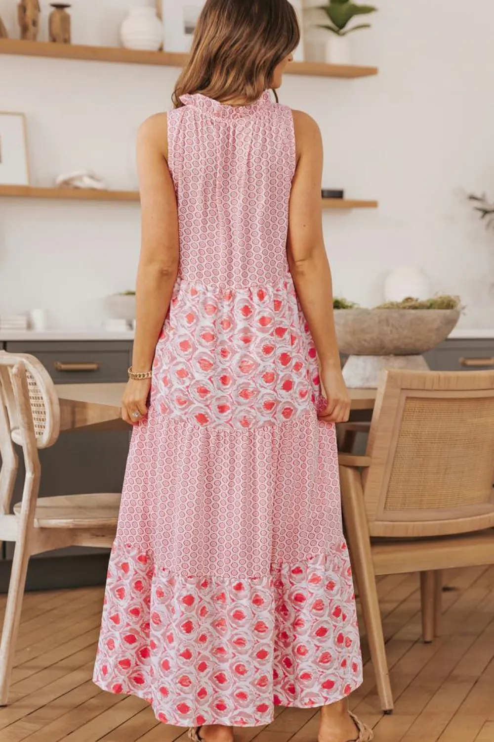 Online Dear-Lover Abstract Print Split Neck Sleeveless Maxi Dress Pink