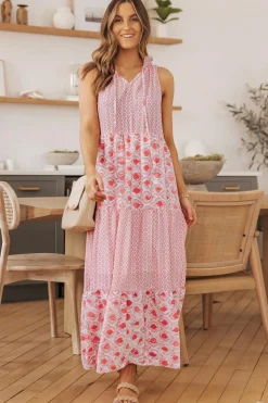 Online Dear-Lover Abstract Print Split Neck Sleeveless Maxi Dress Pink