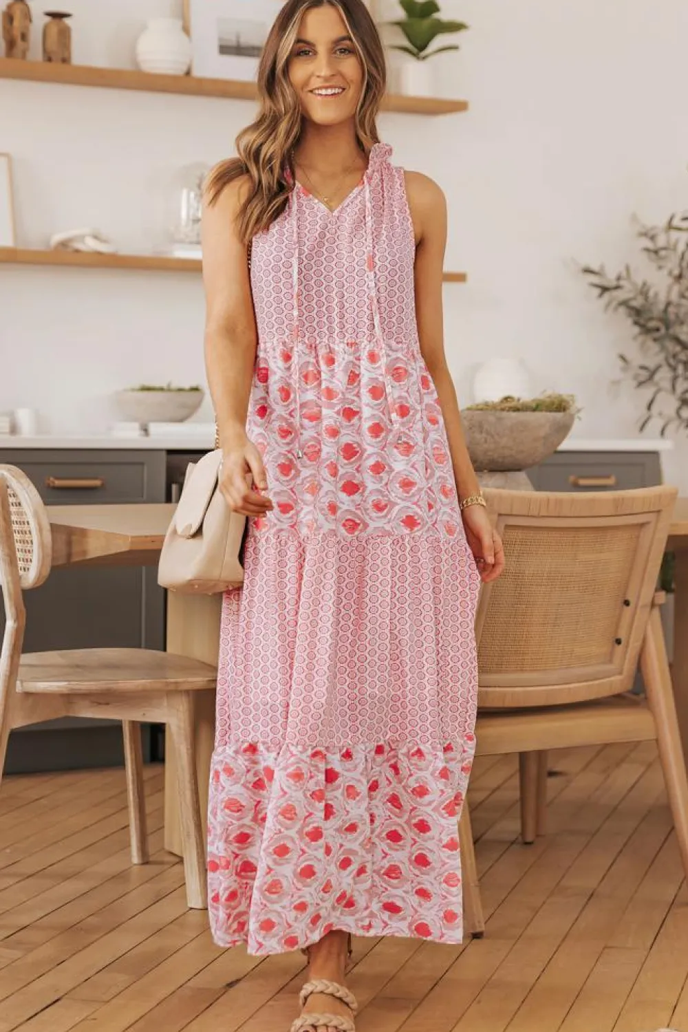 Online Dear-Lover Abstract Print Split Neck Sleeveless Maxi Dress Pink