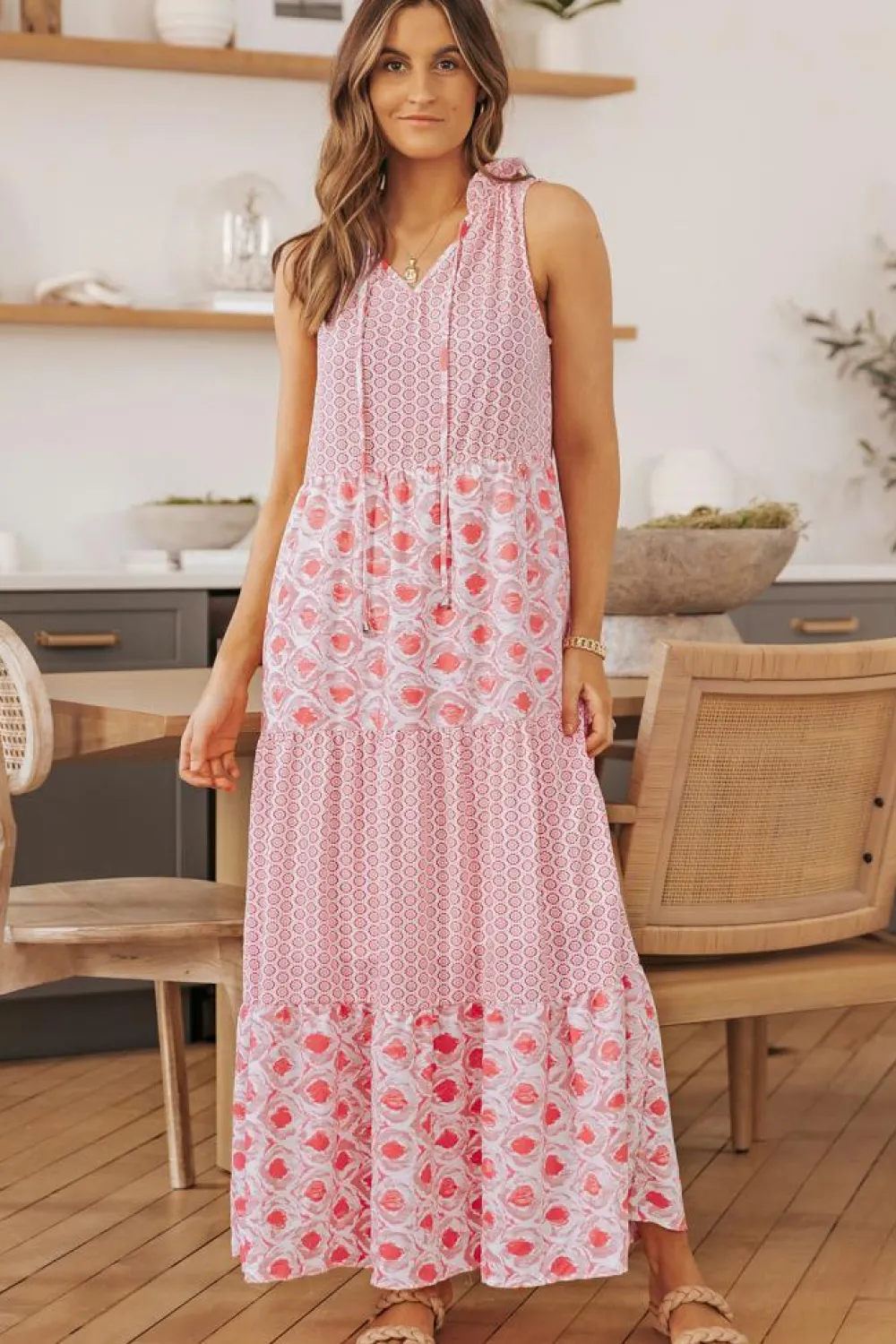 Online Dear-Lover Abstract Print Split Neck Sleeveless Maxi Dress Pink