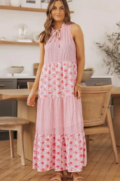 Online Dear-Lover Abstract Print Split Neck Sleeveless Maxi Dress Pink