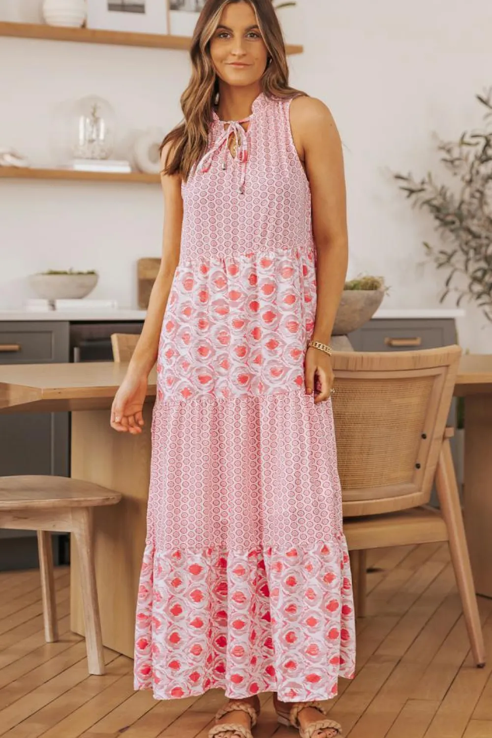 Online Dear-Lover Abstract Print Split Neck Sleeveless Maxi Dress Pink