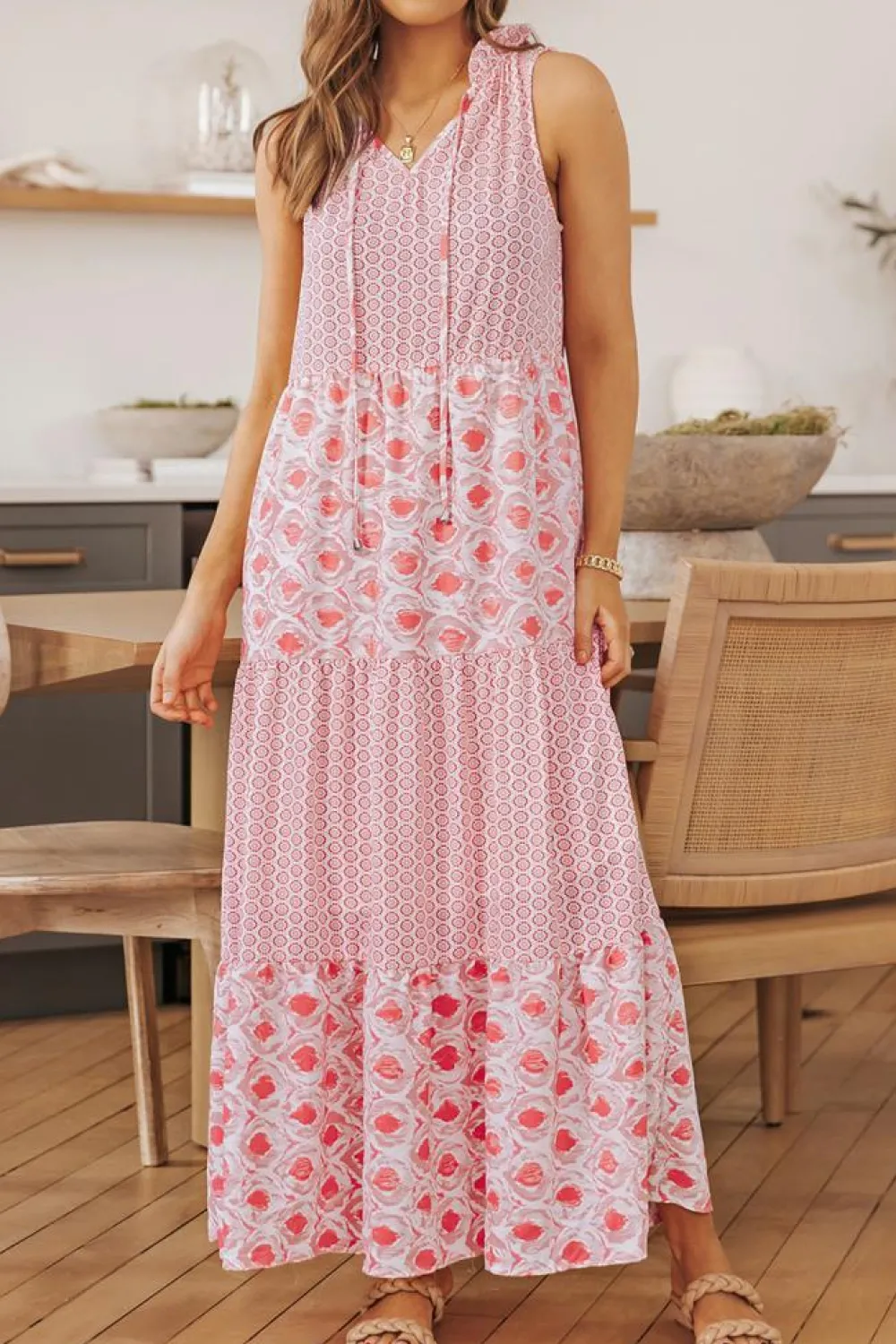 Online Dear-Lover Abstract Print Split Neck Sleeveless Maxi Dress Pink