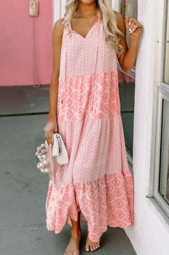 Online Dear-Lover Abstract Print Split Neck Sleeveless Maxi Dress Pink