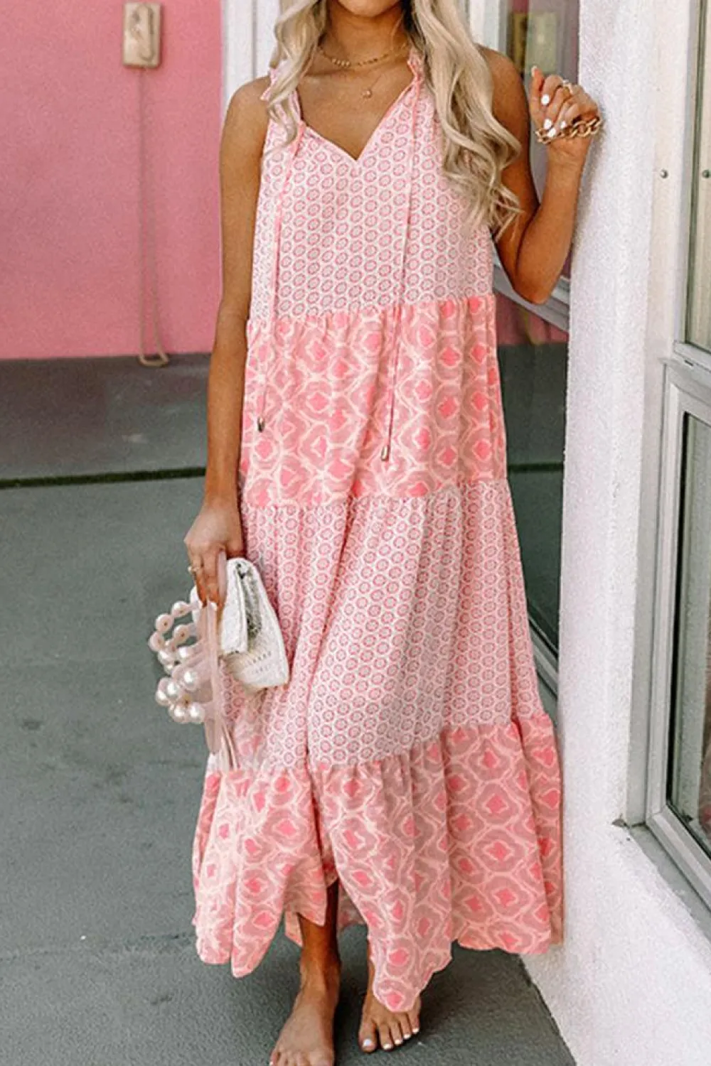 Online Dear-Lover Abstract Print Split Neck Sleeveless Maxi Dress Pink