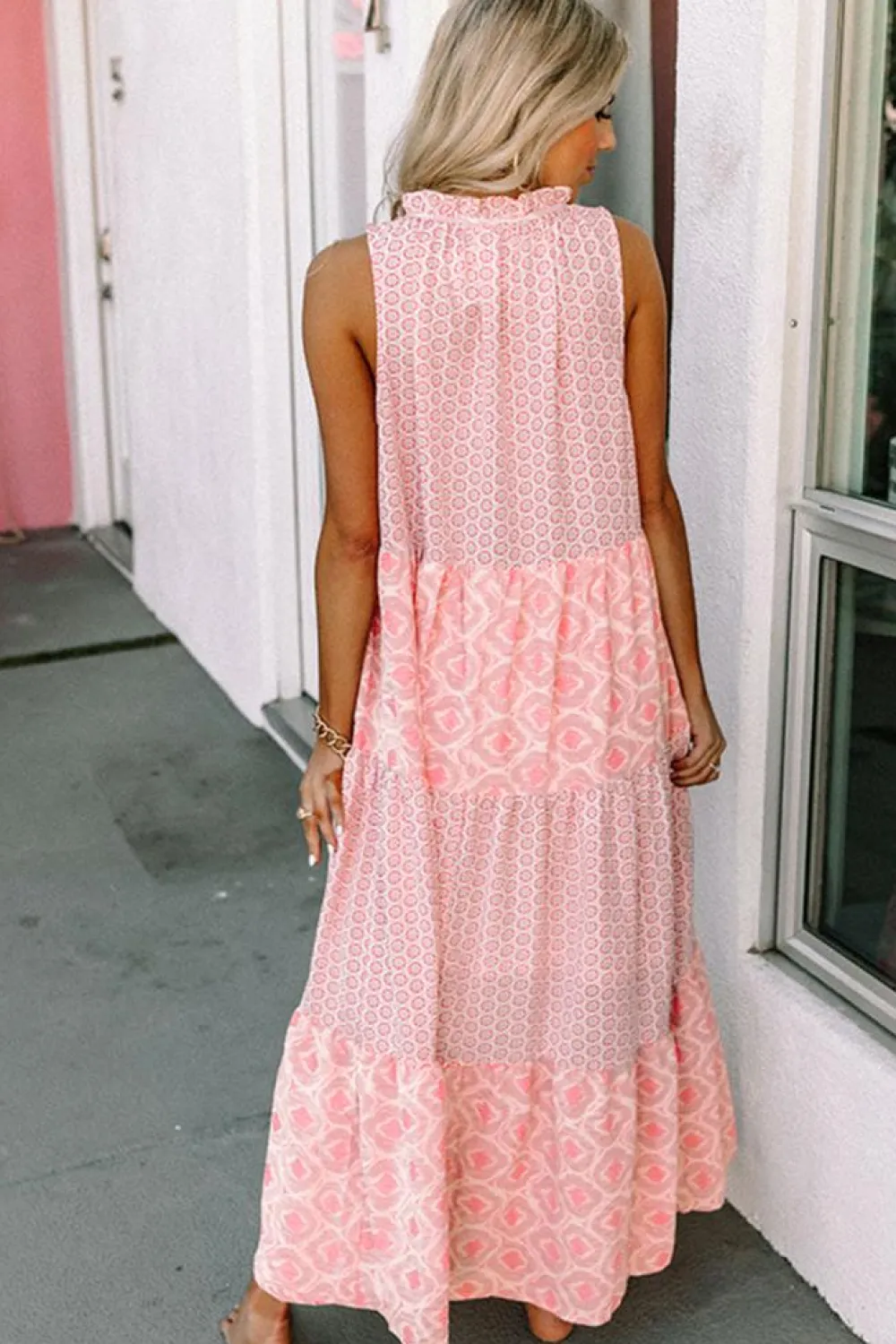 Online Dear-Lover Abstract Print Split Neck Sleeveless Maxi Dress Pink