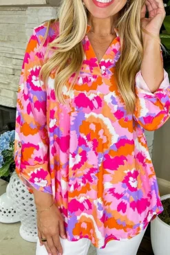 Best Dear-Lover Abstract Print Tab Sleeve Notched Neck Blouse Pink