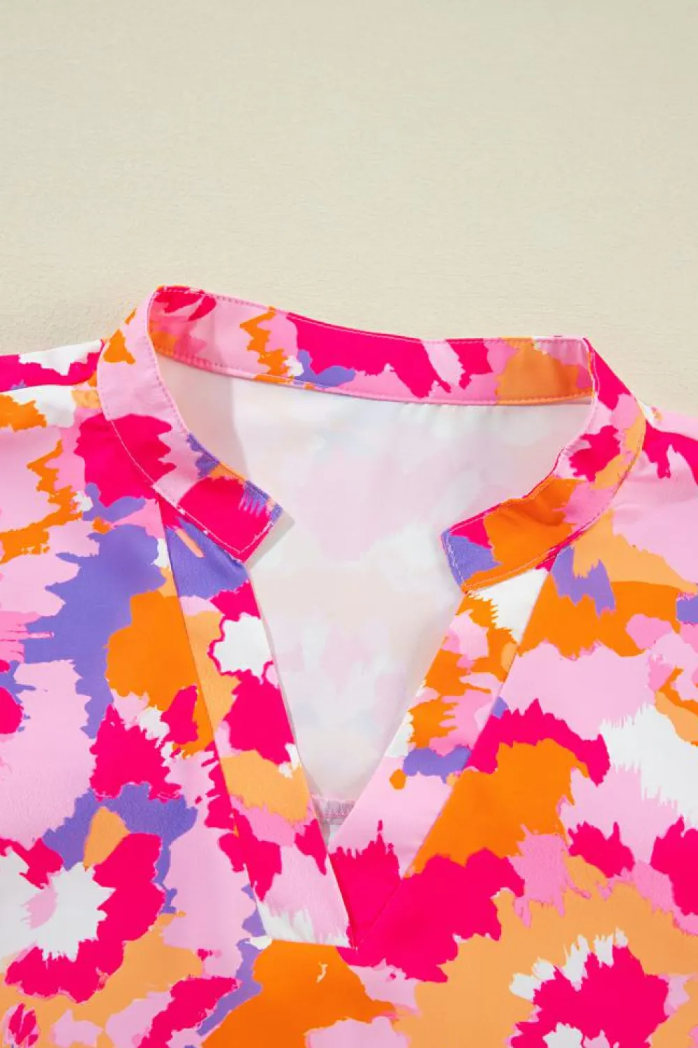 Best Dear-Lover Abstract Print Tab Sleeve Notched Neck Blouse Pink
