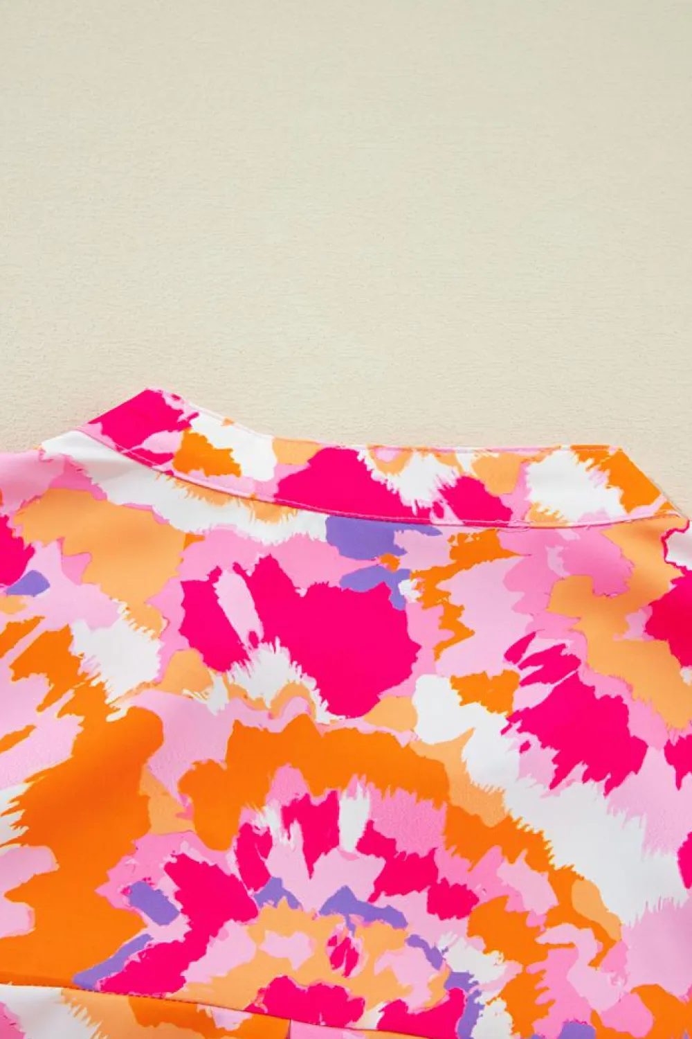 Best Dear-Lover Abstract Print Tab Sleeve Notched Neck Blouse Pink