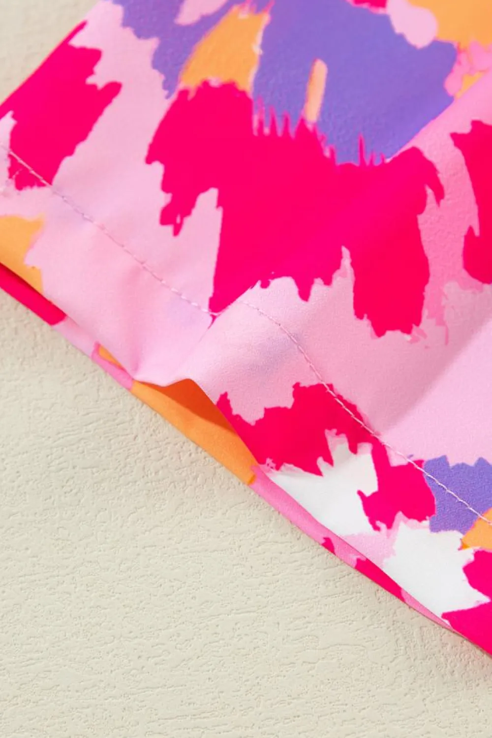 Best Dear-Lover Abstract Print Tab Sleeve Notched Neck Blouse Pink