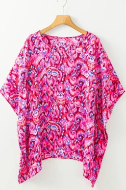 Sale Dear-Lover Abstract Print V Neck Half Sleeve Loose Fit Tunic Blouse Pink