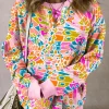 Discount Dear-Lover Abstract Printed Drop Shoulder Loose Sweatshirt Pink