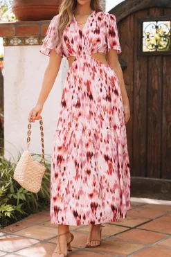 Discount Dear-Lover Abstract Printed Flutter Sleeve Daring Cutout Long Dress Pink