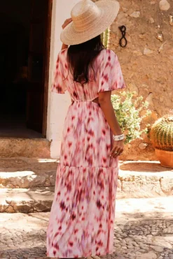 Discount Dear-Lover Abstract Printed Flutter Sleeve Daring Cutout Long Dress Pink