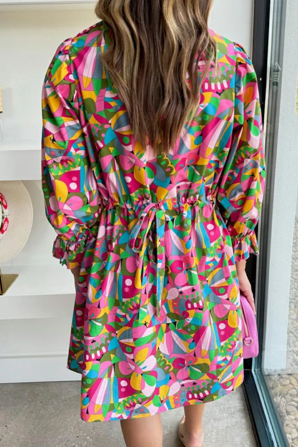 Sale Dear-Lover Abstract Printed Lantern Sleeve Buttoned Mini Dress Pink