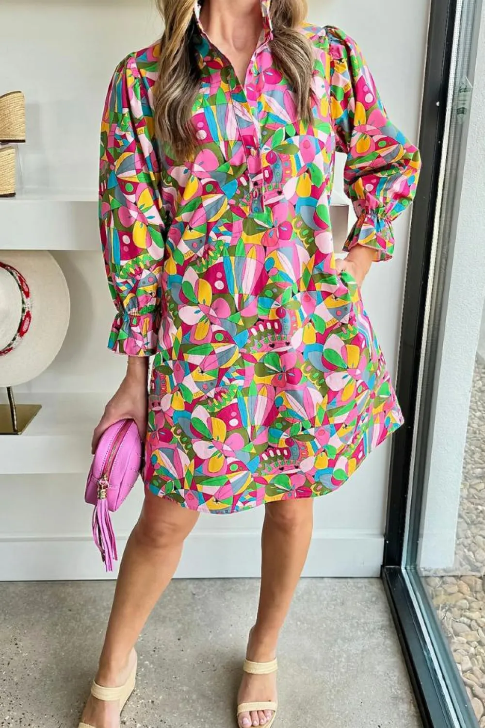 Sale Dear-Lover Abstract Printed Lantern Sleeve Buttoned Mini Dress Pink