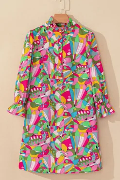 Sale Dear-Lover Abstract Printed Lantern Sleeve Buttoned Mini Dress Pink