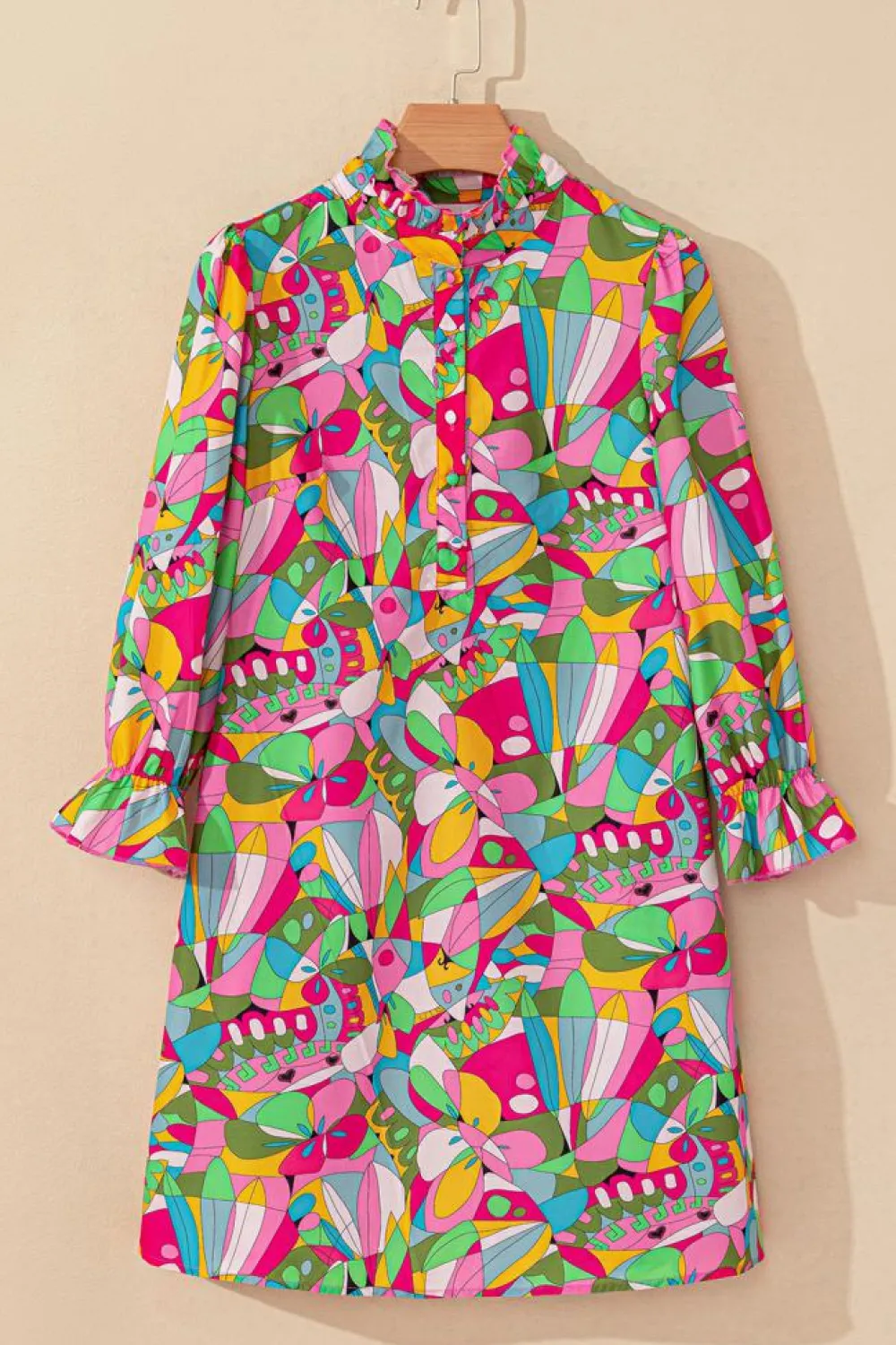 Sale Dear-Lover Abstract Printed Lantern Sleeve Buttoned Mini Dress Pink