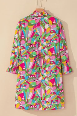 Sale Dear-Lover Abstract Printed Lantern Sleeve Buttoned Mini Dress Pink
