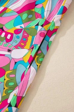 Sale Dear-Lover Abstract Printed Lantern Sleeve Buttoned Mini Dress Pink