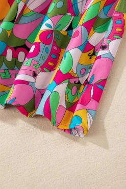 Sale Dear-Lover Abstract Printed Lantern Sleeve Buttoned Mini Dress Pink