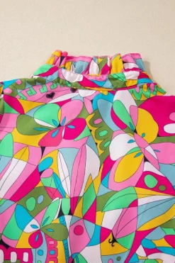 Sale Dear-Lover Abstract Printed Lantern Sleeve Buttoned Mini Dress Pink