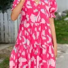 Sale Dear-Lover Abstract Printed Puff Short Sleeve Tiered Loose Dress Pink