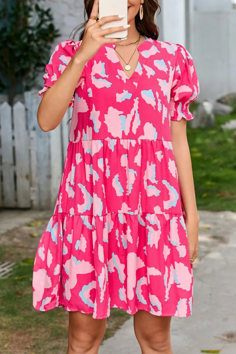 Sale Dear-Lover Abstract Printed Puff Short Sleeve Tiered Loose Dress Pink