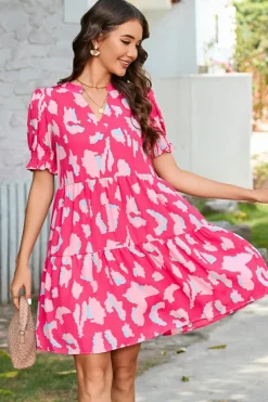 Sale Dear-Lover Abstract Printed Puff Short Sleeve Tiered Loose Dress Pink