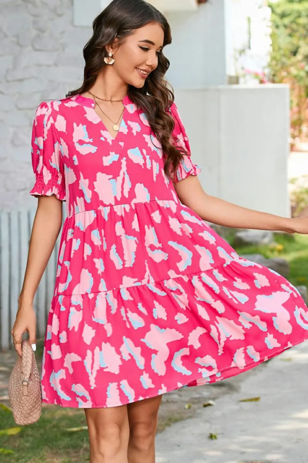 Sale Dear-Lover Abstract Printed Puff Short Sleeve Tiered Loose Dress Pink