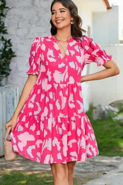 Sale Dear-Lover Abstract Printed Puff Short Sleeve Tiered Loose Dress Pink