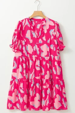 Sale Dear-Lover Abstract Printed Puff Short Sleeve Tiered Loose Dress Pink