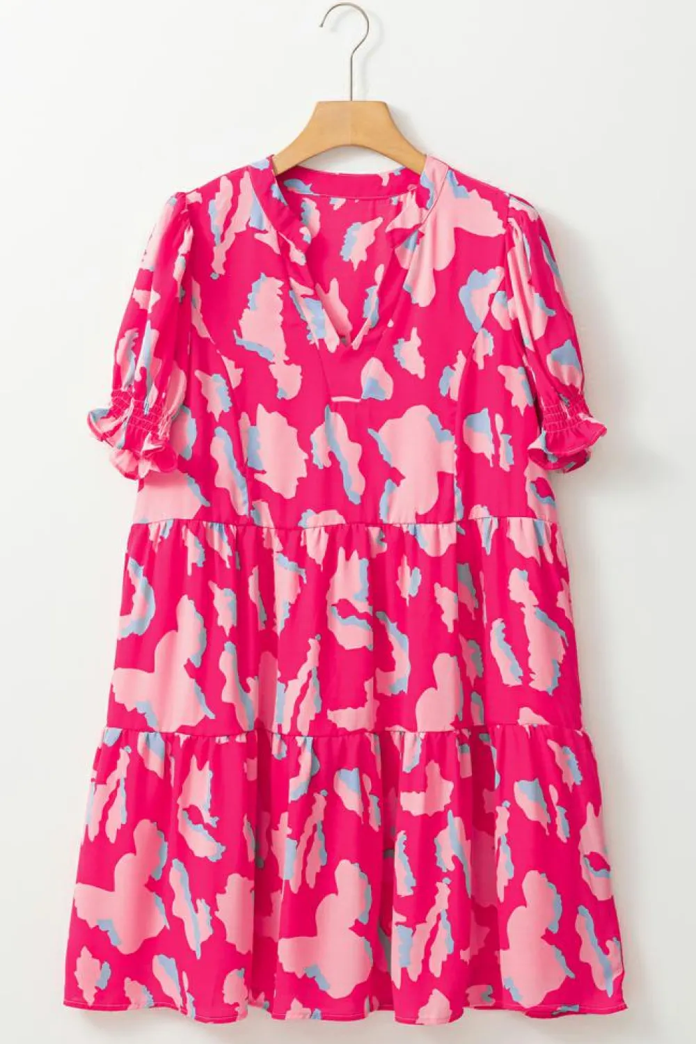 Sale Dear-Lover Abstract Printed Puff Short Sleeve Tiered Loose Dress Pink