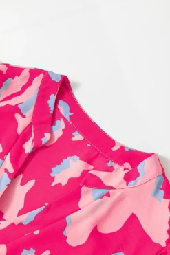 Sale Dear-Lover Abstract Printed Puff Short Sleeve Tiered Loose Dress Pink