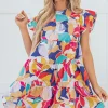 Online Dear-Lover Abstract Printed Ruffled Flutter Sleeve Tiered Mini Dress Pink