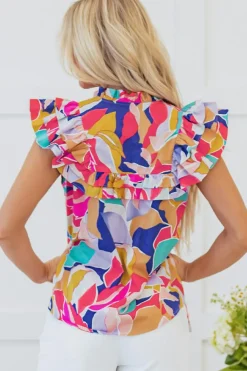 Clearance Dear-Lover Abstract Printed Ruffled Flutter Sleeve Tied Split V Neck Blouse Pink