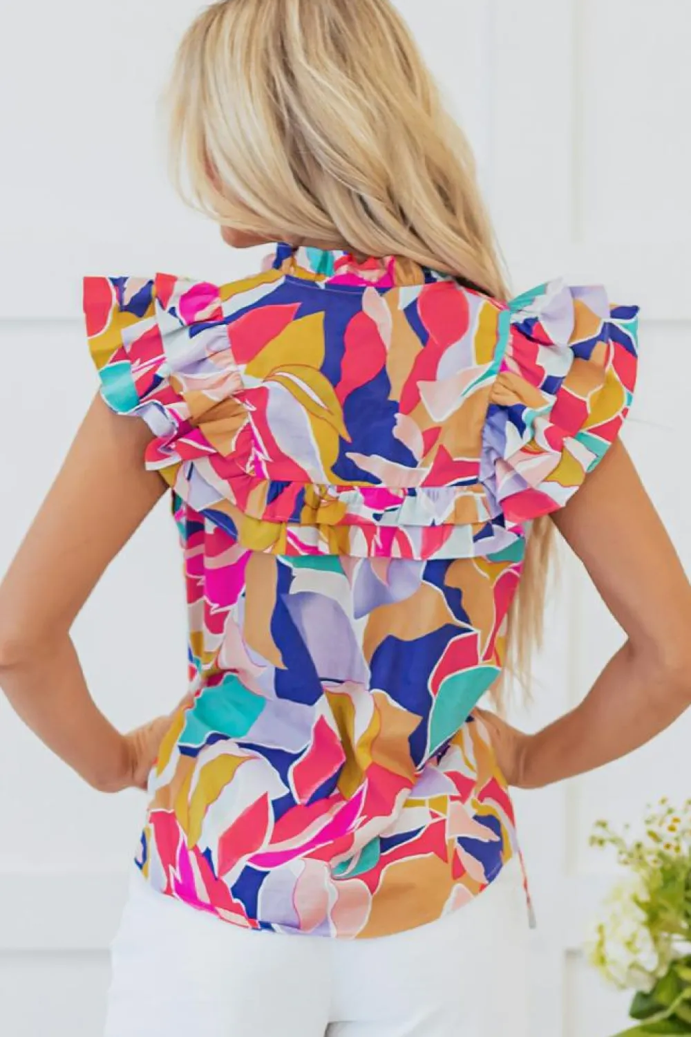 Clearance Dear-Lover Abstract Printed Ruffled Flutter Sleeve Tied Split V Neck Blouse Pink
