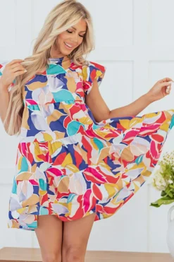 Online Dear-Lover Abstract Printed Ruffled Flutter Sleeve Tiered Mini Dress Pink